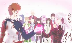  4boys 6+girls archer_(fate) artoria_pendragon_(fate) blonde_hair blood brown_hair commentary_request dark_sakura emiya_shirou fate/stay_night fate/zero fate_(series) father_and_daughter fujimura_taiga highres husband_and_wife illyasviel_von_einzbern matou_kariya matou_sakura medusa_(fate) medusa_(rider)_(fate) mother_and_daughter multiple_boys multiple_girls purple_hair rurikakesu saber_(fate) spoilers tohsaka_aoi tohsaka_rin tohsaka_tokiomi two_side_up white_hair 