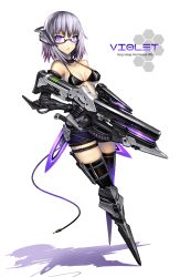  bikini bikini_top_only commentary_request english_text engrish_text female gauntlets gia glasses gun highres mecha_musume mechanical_legs open_mouth original purple_eyes purple_hair ranguage rifle short_hair solo swimsuit thigh_strap trigger_discipline weapon 