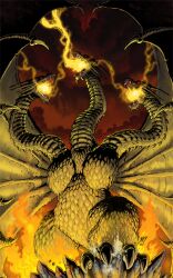  breath_weapon breathing_lightning cloud cloudy_sky commentary_request dragon electricity fangs fire glowing glowing_eyes godzilla_(series) horns kaijuu king_ghidorah matt_frank monster multiple_heads no_humans open_mouth photoshop_(medium) red_eyes scales sharp_teeth single_horn sky teeth wings 