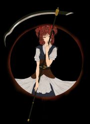  alternate_weapon baten_(gei-vorugu) black_background commentary_request female hair_bobbles hair_ornament highres onozuka_komachi red_eyes red_hair scythe simple_background solo touhou two_side_up weapon 