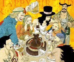  6+boys alcohol apron bar beer beer_mug bird birthday black_hair blonde_hair blue_hair blueno cake cup drinking facial_hair female female food glasses goggles happy hat hat_off hat_removed hattori_(one_piece) headwear_removed iceburg jacket kaku_(one_piece) kalifa male mug multiple_boys necktie one_piece paulie peeply_lulu pigeon polka_dot polka_dot_shirt raglan_sleeves rob_lucci shirt smile suspenders table tattoo text tilestone topless water_7 