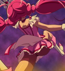  bike_shorts boots choker cure_happy female from_behind haruyama_kazunori hoshizora_miyuki jumping knee_boots long_hair magical_girl pink_choker pink_hair pink_shorts pink_skirt pink_theme precure shorts skirt smile_precure solo twintails 