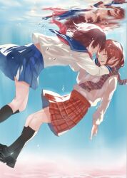  2girls air_bubble bad_id bad_pixiv_id brown_hair bubble closed_eyes multiple_girls original plaid plaid_scarf plaid_skirt ran_(bukeranwu) reflection scarf school_uniform serafuku short_hair skirt underwater water wet wet_clothes yuri 