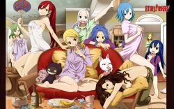  6+girls :o barefoot bisca_mulan blonde_hair blue_eyes blue_hair blush bottomless bra breasts brown_eyes brown_hair cana_alberona canine charle_(fairy_tail) drink eating erza_scarlet evergreen evergreen_(fairy_tail) fairy_tail fan feet feline food glasses green_hair highres juvia_loxar kana_alberona large_breasts legs levy_mcgarden lingerie lucy_heartfilia mashima_hiro mirajane mirajane_strauss multiple_girls official_art open_mouth pajamas panties pillow pizza red_eyes red_hair sideboob sitting stiky_finkaz tattoo topless towel underwear visca_mulan wendy_marvell white_hair 