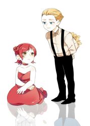  1boy bad_id bad_pixiv_id blonde_hair blue_eyes bouquet canislatrans dress earrings fate/zero fate_(series) female flower jewelry kayneth_el-melloi_archibald photoshop_(medium) red_hair reflection short_hair sola-ui_nuada-re_sophia-ri suspenders yellow_eyes 