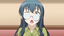  :o @_@ blue_hair brown_eyes claria coke-bottle_glasses commentary_request crooked_eyewear dark_blue_hair female glasses green_hair green_shirt hair_down highres indoors long_hair looking_at_viewer makishima_saori open_collar open_mouth ore_no_imouto_ga_konna_ni_kawaii_wake_ga_nai rimless_eyewear round_eyewear shirt solo surprised upper_body 