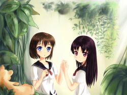  2girls blue_eyes blush brown_hair commentary_request highres hjl_(hjl5000) holding_hands long_hair multiple_girls onjouji_toki photoshop_(medium) purple_eyes saki_(manga) saki_achiga-hen school_uniform senriyama_school_uniform serafuku shimizudani_ryuuka short_hair 