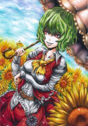  bad_id bad_pixiv_id belt breasts cloud collarbone day evil_grin evil_smile female flower frills gibagiba green_hair grin highres kazami_yuuka long_sleeves medium_breasts photoshop_(medium) puffy_sleeves red_eyes short_hair sky smile solo sunflower touhou umbrella 