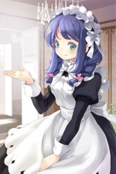  apron braid chandelier comet_(teamon) female green_eyes hair_ribbon light_smile long_hair lowres maid maid_headdress open_mouth outstretched_hand photoshop_(medium) purple_hair ribbon seron_(sword_girls) smile solo sword_girls twin_braids 