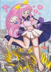  absurdres building bunker_k cape car city crush giantess green_eyes happy highres magical_girl motor_vehicle oerba_yun_fang pink_hair rampage skirt smile vehicle 