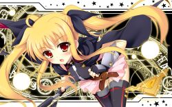  :o bad_id bad_pixiv_id bardiche_(bullova_form)_(nanoha) bardiche_(nanoha) bardiche_(standby_form)_(nanoha) belt blonde_hair blush buckle cape fate_testarossa fate_testarossa_(lightning_form)_(2nd) female gauntlets hair_ribbon leotard leotard_peek long_hair lyrical_nanoha magic_circle mahou_shoujo_lyrical_nanoha mahou_shoujo_lyrical_nanoha_a&#039;s mahou_shoujo_lyrical_nanoha_the_movie_2nd_a&#039;s open_mouth raiou red_eyes ribbon skirt solo star_(symbol) thigh_gap thighhighs twintails 