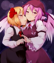  2girls animal_ears ayagi_daifuku bird_wings blonde_hair blush bow commentary_request hair_ribbon hat long_sleeves multiple_girls mystia_lorelei necktie pink_eyes pink_hair puffy_sleeves red_eyes ribbon rumia touhou wide_sleeves wings yuri 