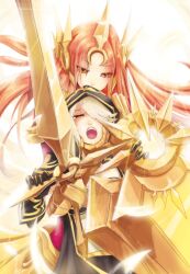  2girls armor ashe_(league_of_legends) beancurd bikini bikini_top_only brown_eyes brown_hair cloak closed_eyes commentary ear_protection forehead_protector gloves highres hood league_of_legends leona_(league_of_legends) long_hair multiple_girls shield swimsuit sword tears weapon white_hair you_gonna_get_raped 