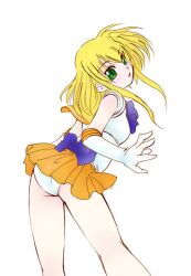  arisa_bunnings bishoujo_senshi_sailor_moon blonde_hair commentary_request cosplay female green_eyes jason_(kaiten_kussaku_kikou) long_hair lyrical_nanoha magical_girl mahou_shoujo_lyrical_nanoha sailor_senshi_uniform sailor_venus sailor_venus_(cosplay) simple_background skirt solo white_background 