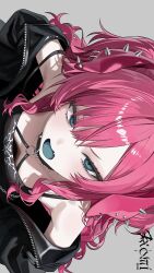  absurdres animal_ears bare_shoulders bent_over black_choker black_jacket black_shirt blue_eyes blue_tongue breasts chiromi choker colored_tongue commentary dog_ears downblouse female floppy_ears grey_background highres jacket long_hair looking_at_viewer oerba_yun_fang off_shoulder open_clothes open_jacket open_mouth original pink_hair shirt simple_background sleeveless sleeveless_shirt small_breasts solo spaghetti_strap spikes strap_slip symbol-only_commentary v-shaped_eyebrows 