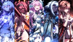  5girls absurdres aemeath_(wuthering_waves) aiming aiming_at_viewer black_collar black_jacket blue_bra body_markings bodysuit bra breasts changli_(wuthering_waves) cleavage collar colored_eyelashes commentary cropped_jacket cs_(connectedskyy) dress english_commentary finger_to_mouth galbrena_(wuthering_waves) gloves grey_hair grin hair_ornament hairband headgear highres holding holding_microphone holding_pole id_card index_finger_raised jacket leotard looking_at_viewer lupa_(wuthering_waves) medium_breasts metal_hairband microphone mornye_(wuthering_waves) multiple_girls pink_hair pole purple_dress red_eyes shushing smile tacet_mark_(wuthering_waves) underwear white_bodysuit white_dress white_gloves white_leotard wuthering_waves yellow_eyes 