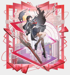  allenerie arm_cutout artist_name black_cat black_hair black_jacket black_shirt black_shoes black_skirt black_socks breasts chisa_(wuthering_waves) closed_mouth clothing_cutout commentary diorama feline female floating_hair full_body hair_ribbon highres jacket long_hair long_sleeves looking_at_viewer medium_breasts midriff neckerchief red_eyes red_neckerchief red_ribbon ribbon sailor_collar shirt shoes skirt socks solo sword tacet_mark_(wuthering_waves) weapon white_sailor_collar wuthering_waves 