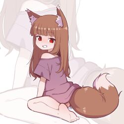  animal_ear_fluff animal_ears ass barefoot brown_hair feet female from_behind grin highres holo long_hair looking_back no_panties off_shoulder orenjipiiru purple_shirt red_eyes shirt short_sleeves sitting smile soles solo spice_and_wolf tail thighs toes wolf_ears wolf_girl wolf_tail 