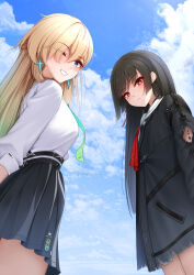 2girls absurdres arm_cutout black_hair black_jacket black_skirt blonde_hair blue_sky breasts chinese_commentary chisa_(wuthering_waves) clothing_cutout commentary_request day earrings eeo.gopiy highres jacket jewelry long_hair long_sleeves looking_at_viewer looking_to_the_side lynae_(wuthering_waves) medium_breasts multiple_girls neckerchief one_eye_closed outdoors partial_commentary purple_eyes red_eyes red_neckerchief sailor_collar shirt shirt_tucked_in skirt sky smile star_(symbol) star_earrings tacet_mark_(wuthering_waves) turning_head white_sailor_collar white_shirt wuthering_waves 