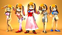  16:9 3d_(artwork) anthro bent_over big_breasts big_hands bikini blue_clothing blue_footwear blue_necktie blue_shoes bottomwear bow_tie breasts brown_eyelids brown_eyes brown_nose bunny_costume choker closed_eyes clothing costume digital_media_(artwork) dress english_text extroke female floppy_ears footwear full-length_portrait glistening glistening_clothing gloves grey_bottomwear grey_choker grey_clothing grey_dress grey_footwear grey_jewelry grey_necklace grey_shoes grey_shorts group hair handwear hi_res high_heels jewelry lagomorph legwear leotard leporid lips long_skirt looking_at_self looking_at_viewer mammal mega_milk meme meme_clothing midriff necklace necktie open_mouth open_smile orange_background orange_hair pantyhose pink_bikini pink_bottomwear pink_clothing pink_pantyhose pink_skirt pink_swimwear plantigrade portrait rabbit red_bow_tie red_clothing red_footwear red_high_heels red_leotard red_lips red_shirt red_shoes red_topwear scut_tail sega shirt shoes short_hair short_sleeves short_tail shorts simple_background skirt smile smiling_at_viewer sonic_the_hedgehog_(series) source_filmmaker_(artwork) square_crossover standing strapless_clothing strapless_leotard surprised swimwear tail tan_body text text_on_clothing topwear two-piece_swimsuit vanilla_the_rabbit white_clothing white_gloves white_handwear wide_hips widescreen 