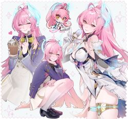  :t ^_^ absurdres aemeath_(wuthering_waves) ahoge alternate_costume bare_shoulders black_shoes bow bowtie breasts chibi cleavage closed_eyes closed_mouth commentary eating elbow_gloves english_commentary female from_side full_body gloves grey_skirt hair_between_eyes hand_up highres holding holding_microphone holding_spoon jacket kneehighs lavelis leaning_forward leotard long_hair long_sleeves looking_at_viewer medium_breasts microphone multiple_views pink_hair purple_jacket shoes skirt smile socks spoon squatting star-shaped_pupils star_(symbol) strapless strapless_leotard symbol-shaped_pupils tacet_mark_(wuthering_waves) thigh_strap very_long_hair white_gloves white_leotard white_socks wuthering_waves yellow_bow yellow_bowtie yellow_eyes 