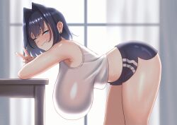  alternate_costume arm_support bent_over bent_over_furniture black_hair black_shorts blue_eyes blue_hair blush breasts cipher4109 desk dolphin_shorts female hair_intakes hanging_breasts highres hololive hololive_english indoors large_breasts looking_at_viewer midriff mole multicolored_hair ouro_kronii shirt short_hair short_shorts shorts smile solo table thighs virtual_youtuber white_shirt 