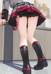  arm_support bag baguette bent_over black_boots boots bread commentary_request female fingernails food frilled_skirt frills from_below grey_shirt grey_skirt highres kanpa_(campagne_9) kasane_teto kasane_teto_(sv) knee_boots kneepits leg_focus legs long_sleeves midriff_peek miniskirt nail_polish paper_bag red_nails shirt skirt solo synthesizer_v thighs tile_floor tiles utau 