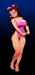  1girls absurdres barefoot big_breasts breasts candy_kong_(cosplay) cleavage combos-n-doodles dick_sucking_lips donkey_kong_(series) feet female female_only highres large_breasts mario_(series) nail_polish nintendo one-piece_swimsuit pauline pink_toenails solo swimsuit toes 