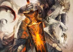  2boys armor bad_id bad_pixiv_id cape carrying_over_shoulder cloak covered_eyes dark_souls_(series) dark_souls_iii flaming_sword flaming_weapon gauntlets helmet helmet_over_eyes hood lorian_(elder_prince) lothric_(younger_prince) male_focus multiple_boys pale_skin sword weapon white_hair yoshioka_(haco) 