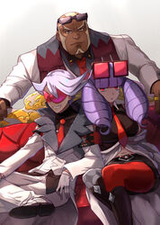  2boys belt blonde_hair blunt_bangs closed_mouth commentary couch dark-skinned_male dark_skin facial_hair female formal gloves grey_hair hsin jacket lear_(pokemon) legs_together long_hair long_sleeves looking_at_viewer multiple_boys necktie pants pokemon pokemon_masters_ex purple_hair rachel_(pokemon) red_necktie sawyer_(pokemon_masters_ex) shoes sitting smile suit sunglasses teeth towel towel_around_neck white_jacket white_pants 