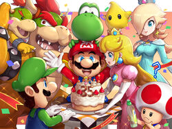  2girls 5boys :d ? anniversary aqua_dress blonde_hair blue_eyes blue_overalls bottle bowser bowser_jr. breasts brown_hair cake crown detergent dress earrings facial_hair father_and_son food gonzarez green_headwear hand_on_own_chin highres jewelry long_hair luigi luma_(mario) mario mario_(series) medium_breasts moustache multiple_boys multiple_girls open_mouth overalls paper_mario paper_mario_64 pink_dress princess_peach red_headwear red_toad_(mario) rosalina smile super_mario_galaxy toad_(mario) twitter_username upper_body yoshi 