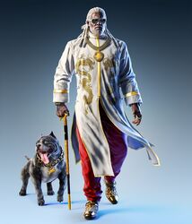  1boy 3d beard bracelet cane canine chains changpao chinese_clothes dark_skin dragon_print dreadlocks drooling facial_hair gold_chain highres jaguar_print jewelry leroy_smith medallion official_art old old_man pants print_footwear print_pants ring saliva scar scar_across_eye scar_on_face sugar_(tekken) sunglasses tekken tekken_7 tongue tongue_out white_hair 