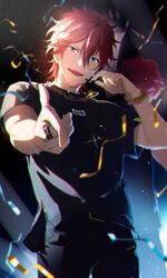  1boy absurdres amagi_rinne black_pants black_shirt blue_eyes blurry blurry_background blush bracelet chain_necklace chains chromatic_aberration commentary_request confetti cowboy_shot earrings ensemble_stars! hand_up highres jewelry looking_at_viewer male_focus necklace omegu open_mouth pants pointing pointing_at_viewer red_hair shirt short_hair short_sleeves smile solo stage sweat t-shirt teeth thumb_ring upper_teeth_only 