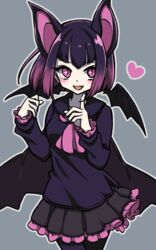  animal_ears bat_ears bat_wings black_hair black_pantyhose black_sailor_collar black_serafuku blush bow bowtie cape collarbone commentary_request common_vampire_bat_(kemono_friends) extra_ears female frilled_sleeves frills grey_background hand_on_own_face hand_up heart highres kemono_friends long_sleeves looking_at_viewer miniskirt multicolored_hair open_mouth pantyhose petit_ramune pink_bow pink_bowtie pleated_skirt sailor_collar school_uniform serafuku short_hair skirt smile solo v-bangs wings 