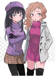  2girls animification bebe_stevens beret black_hair black_legwear blonde_hair boots chiaki_(chika-0803) commentary_request cross cross_necklace crossed_arms hands_in_pockets hat highres jacket jewelry long_hair multiple_girls necklace pantyhose plaid plaid_skirt skirt south_park sweater turtleneck turtleneck_sweater wendy_testaburger 