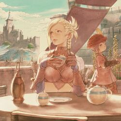  2girls album_cover beret blonde_hair blue_eyes blue_sky braid brown_gloves brown_pants building castle city cloud cover cropped_jacket cup day elbow_rest elbows_on_table final_fantasy final_fantasy_xiv fingerless_gloves flower gloves hat hat_feather hatching_(texture) highres holding holding_cup hyur jacket kuroimori lalafell looking_afar looking_at_another minfilia_warde multiple_braids multiple_girls official_art outdoors pants pink_hair pink_jacket plant pointy_ears saucer second-party_source short_hair side_braid sitting sky smile square_enix swept_bangs table tataru_taru tea_set teacup teapot tree upper_body walking 