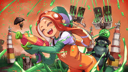  :d ^_^ baseball_cap benimura_karu black_umbrella blush closed_eyes commentary_request drizzler_(splatoon) elbow_gloves female fish flyfish_(splatoon) gloves green_gloves hat leaning_forward lifebuoy making-of_available medium_hair monster octoling octoling_girl octoling_player_character oerba_yun_fang open_mouth orange_hair orange_sky orange_theme outdoors rope rubber_gloves salmon_run_(splatoon) salmonid shiny_clothes shirt short_eyebrows sky smile splatoon_(series) splatoon_2 splattershot_(splatoon) steel_eel_(splatoon) steelhead_(splatoon) stinger_(splatoon) suspenders swim_ring tan tentacle_hair umbrella waders white_shirt 