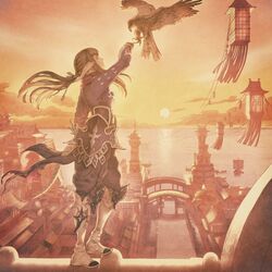  album_cover architecture arm_up au_ra bird bird_on_hand black_hair black_pants boots building city cloud cover dock dragon_girl dragon_horns dragon_tail east_asian_architecture falcon female final_fantasy final_fantasy_xiv from_side full_body gate hair_ribbon hatching_(texture) hawk highres horns jacket jetty knee_boots kuroimori lantern long_hair long_sleeves looking_up ocean official_art orange_sky orange_theme outdoors pants pink_scarf profile purple_jacket ribbon rooftop scales scarf scenery second-party_source ship sky smile solo square_enix standing sun sunset tail tower tree water watercraft white_footwear yugiri_mistwalker 