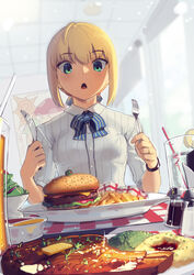  absurdres ahoge artoria_pendragon_(fate) blonde_hair boa_(brianoa) bow burger ceiling chestnut_mouth collared_shirt cup drinking_glass drinking_straw fate/stay_night fate_(series) female food fork french_fries green_eyes hair_between_eyes highres holding holding_fork holding_knife indoors jewelry knife mashed_potatoes olive open_mouth peas pinstripe_pattern pinstripe_shirt restaurant ring saber_(fate) salad salad_bowl salt salt_shaker shirt short_hair short_sleeves solo soy_sauce steak striped striped_bow tablecloth tile_ceiling tiles wedding_ring 