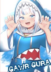  :d animal_hood blue_eyes blue_hair blush character_name claw_pose female gawr_gura gawr_gura_(1st_costume) grey_hair highres hololive hololive_english hood long_hair long_sleeves looking_at_viewer multicolored_hair open_mouth shark_hood sharp_teeth smile solo streaked_hair teeth teriibol virtual_youtuber 