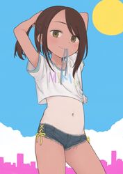  arms_up black_shorts blue_ribbon blue_sky brown_eyes brown_hair closed_mouth clothes_writing cloud commentary_request cutoffs day denim denim_shorts female midriff mouth_hold navel omodaka_(nitera1041) original outdoors ponytail ribbon ribbon_in_mouth shirt short_shorts short_sleeves shorts sky smile solo sun swept_bangs tan tied_shirt tying_hair white_shirt 