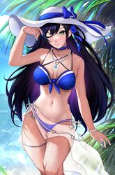  absurdres armlet bikini black_hair blue_bikini blue_nails blue_ribbon breasts breasts_apart collarbone eravuru expressionless female green_eyes hat highres jewelry lin_(tower_of_fantasy) long_hair medium_breasts mole mole_under_eye navel necklace official_alternate_costume one_eye_closed outdoors ribbon see-through sleeveless solo stomach swimsuit tower_of_fantasy water 