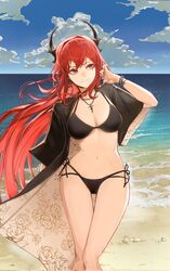  arknights beach bikini black_bikini bracelet breasts cleavage cross cross_necklace demon_horns earrings female floral_print hair_intakes halterneck highres horns huinjebi jewelry long_hair navel necklace open_clothes outdoors purple_eyes red_hair side-tie_bikini_bottom solo string_bikini surtr_(arknights) swimsuit very_long_hair 