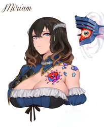  bare_shoulders black_hair bloodstained:_ritual_of_the_night blue_eyes breast_tattoo breasts brown_hair cleavage closed_mouth eyeball female flower_tattoo gradient_hair hair_ornament highres large_breasts laserflip looking_at_viewer low_neckline miriam_(bloodstained) multicolored_hair photoshop_(medium) short_hair simple_background solo tattoo white_background 