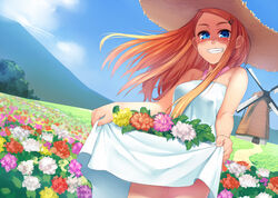  bare_shoulders blue_eyes blue_sky blush breasts clothes_lift cloud commentary_request cowboy_shot day dress dress_lift dutch_angle female field flower flower_field freckles grass grin hair_ornament hair_over_breasts hairclip halterneck hat lifting_own_clothes long_hair looking_at_viewer medium_breasts mountain nature oerba_yun_fang orange_hair original outdoors shadow skirt_basket sky sleeveless smile solo standing summer sun_hat sundress torii_yoshitsuna trail white_dress wind windmill 