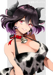  animal_ears animal_print bare_shoulders bell black_hair black_horns black_shorts breasts cleavage collar collarbone cow_ears cow_print crop_top crop_top_overhang demon_girl demon_horns fake_animal_ears female grey_background horns kinsou_no_vermeil large_breasts looking_at_viewer medium_hair multicolored_hair neck_bell official_art parted_lips pointy_ears purple_hair red_collar red_eyes shorts simple_background smile solo two-tone_hair upper_body vermeil_(kinsou_no_vermeil) white_background white_shorts youko_(santarose) 