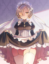  apron azur_lane black_dress blonde_hair braid breasts closed_mouth clothes_lift collar commentary cowboy_shot dress dress_lift expressionless female frilled_apron frilled_dress frills garter_straps hair_over_one_eye highres juliet_sleeves lifting_own_clothes long_sleeves looking_at_viewer maid maid_headdress medium_breasts puffy_sleeves shaded_face sheffield_(azur_lane) short_hair solo thick_thighs thighhighs thighs white_apron white_thighhighs yellow_eyes yuko_(uc_yuk) 