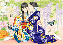  2girls black_eyes black_hair blue_butterfly blunt_bangs braid bug butterfly couple crown_braid earrings floral_print flower hair_flower hair_ornament hand_up highres japanese_clothes jewelry kanoko_(pattern) kimono long_hair looking_at_another multiple_girls nadeshiko_rin no_shoes obi obiage obijime orange_flower original peony_(flower) pink_flower purple_flower sash short_hair sitting smile tabi traditional_media updo whispering white_butterfly wisteria wisteria_print yokozuwari 