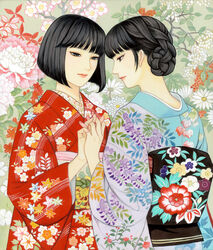  2girls black_eyes black_hair blunt_bangs bob_cut braid couple face-to-face facing_another floral_background floral_print flower forehead-to-forehead from_behind half-closed_eyes hand_up heads_together highres holding_hands interlocked_fingers japanese_clothes kimono looking_down multiple_girls nadeshiko_rin obi obiage obijime original peony_print sash short_hair smile updo wisteria_print yuri 