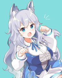  :o animal_ear_fluff animal_ears aqua_background blue_eyes blue_skirt breasts commentary_request female hair_between_eyes hidejiu highres indie_virtual_youtuber large_breasts long_hair looking_at_viewer lumi_(merryweather) oerba_yun_fang open_mouth paw_pose sidelocks simple_background skin_fang skirt smile solo tail very_long_hair virtual_youtuber white_hair wolf_ears wolf_girl wolf_tail 